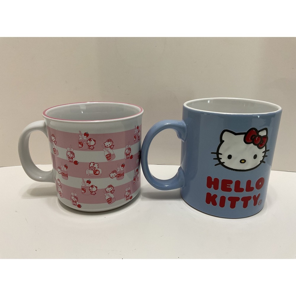 Hello Kitty Sanrio Ceramic Mug Set 20oz Blue Pink‎ Striped Silver Buffalo 2pc